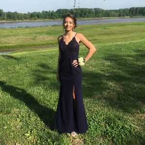 Navy Blue Mermaid Prom Dress with Slit from Lulu’s